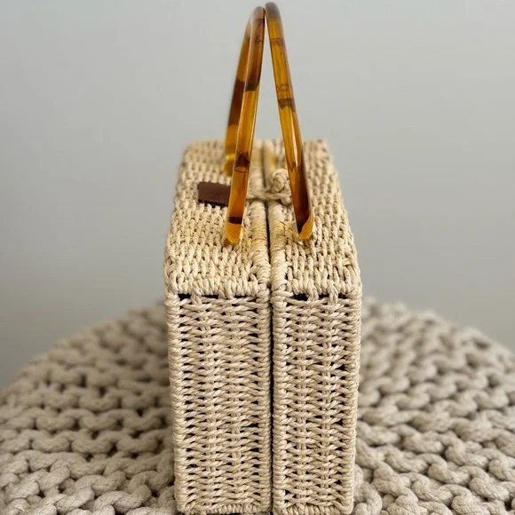 Stylish Tan Woven Bag with Yellow Handles - Picture 3 of 4